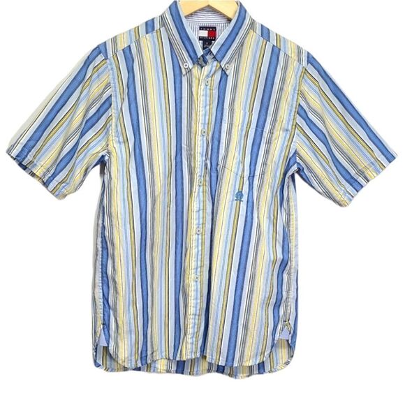 Tommy Hilfiger Button Down Blue/Yellow Short Sleeve Shirt Size Medium - Picture 1 of 8